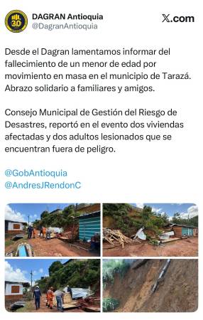 Deslizamiento en Tarazá: un niño de 3 años murió mientras dormía