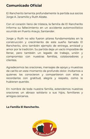 Comunicado oficial de El Rancherito sobre el fallecimiento de Jorge Jaramillo y Ruth Alzate. /FOTO: INSTAGRAM @ELRANCHERITO_