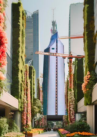 Grúas sostienen jardines verticales con flores.