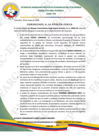 Comunicado del Bloque Comandante Jorge Suárez Briceño. Tomado de Infobae.