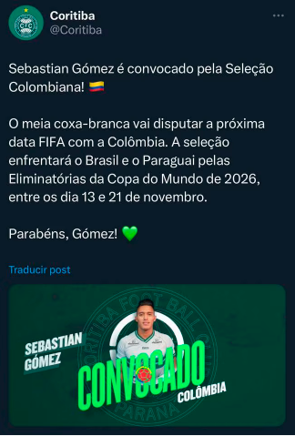 Anuncio del equipo brasileño sobre Sebastián Gómez. /FOTO: X @Coritiba