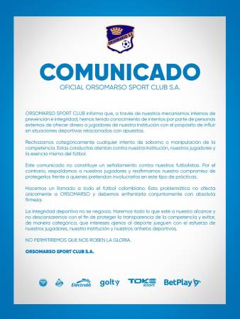 Comunicado Orsomarso. FOTO: @ORSOMARSO