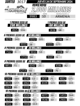 Resultados de la Lotería del Quindío. IMAGEN: INSTAGRAM LOTERÍA DEL QUINDÍO
