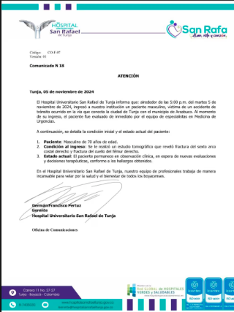 Comunicado oficial del Hospital Universitario San Rafael de Tunja. /FOTO: REDES SOCIALES 
