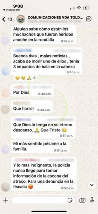 Chat de la comunidad de la vereda Toldas. FOTO: TOMADO DE DIARIORIENTE