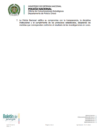 Comunicado Policía Nacional. FOTO: COMUNICADO POLICÍA NACIONAL