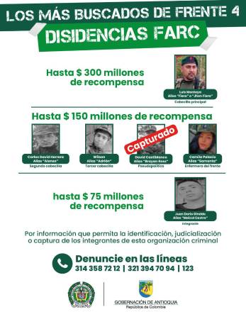 Este es el cartel que creo la Gobernación de Antioquia para ubicar a los integrantes de las disidencias de las Farc. FOTO: GOBERNACIÓN DE ANTIOQUIA
