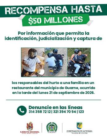 Cartel de búsqueda ladrones en Guarne, Antioquia. FOTO: GOBERNACIÓN DE ANTIOQUIA