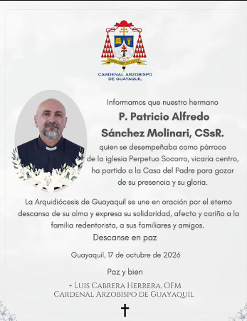 Comunicado de la Arquidiócesis de Guayaquil sobre el fallecimiento del sacerdote Patricio Alfredo Sánchez Molinari, párroco de la iglesia Perpetuo Socorro. FOTO: REDES SOCIALES ARQUIDIOCESIS DE GUAYAQUIL