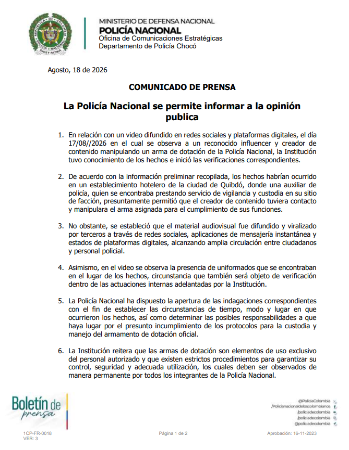 Comunicado Policía Nacional. FOTO: COMUNICADO POLICÍA NACIONAL