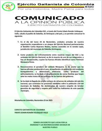 Comunicado Ejército Gaitanista de Colombia. FOTO: LENTE INFORMATIVO