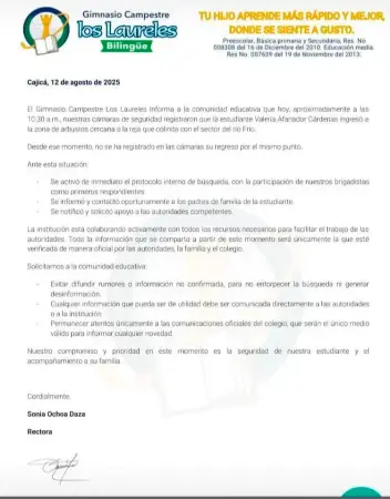 Este fue el comunicado que emitió el colegio respecto a la desaparición. 