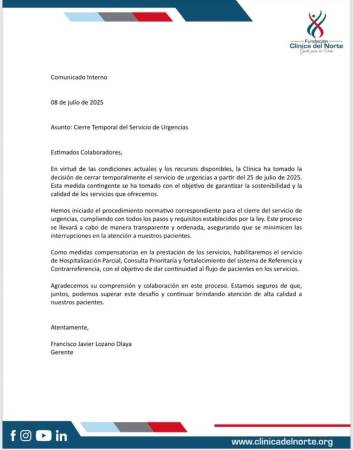 Comunicado oficial cierre de urgencias Clínice del Norte.FOTO: REDES SOCIALES