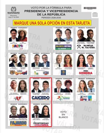 El espacio gris correspondía al espacio donde hubiera aparecido Clara López, pero en el recuadro rojo están los 2 candidatos que renunciaron y que estarán en el tarjetón que le darán este domingo. FOTO: CORTESÍA