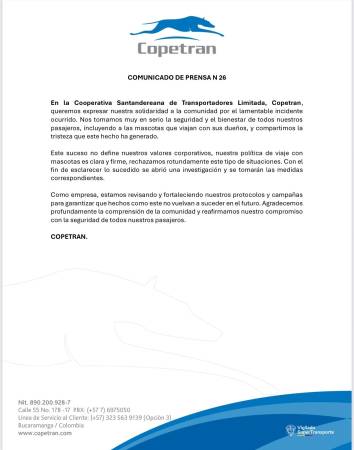 Comunicado oficial empresa de transportes Copetran. /FOTO: X @Copetranoficial