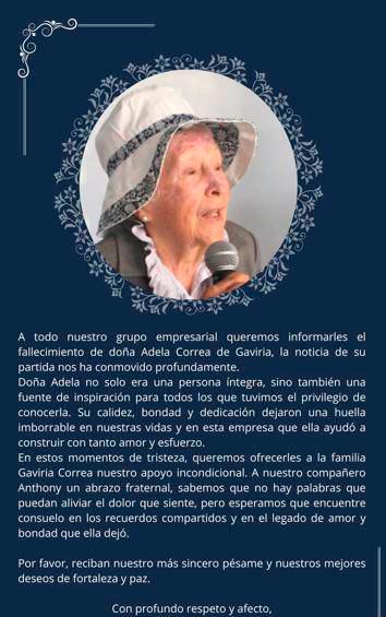 Falleció Adela Correa de Gaviria, madre del exgobernador Aníbal Gaviria