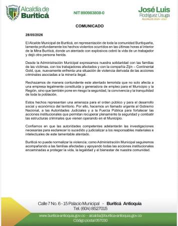 Comunicado de la Alcaldía de Buriticá. FOTO: ALCALDÍA DE BURITICÁ