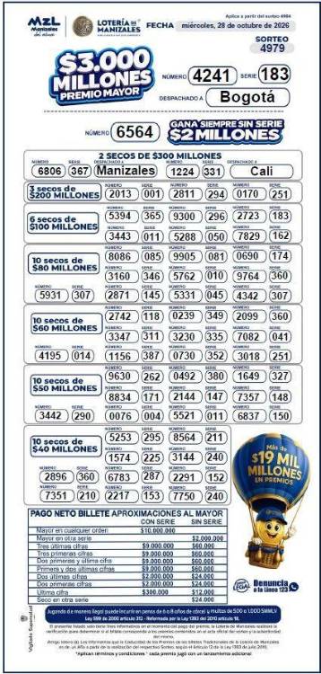 Resultados de la Lotería de Manizales. IMAGEN: FACEBOOK LOTERÍA DE MANIZALES