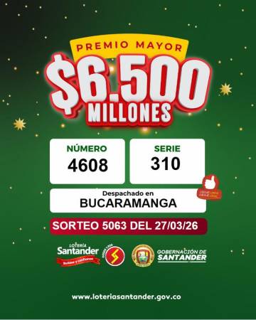 Sorteo 27 de marzo de 2026 - Lotería de Santander. FOTO: FACEBOOK LOTERÍA DE SANTANDER