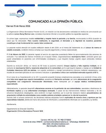 Comunicado Clínica Bonnadona Prevenir. FOTO: TOMADA DE REDES