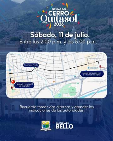 Cierre vial sábado, 11 de julio. FOTO: ALCALDÍA DE BELLO
