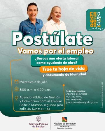 Ayudantes de obra, Envigado tendrá feria de empleo para ustedes