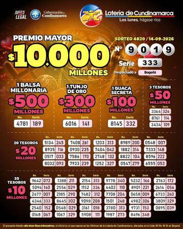 Resultados de la Lotería de Cundinamarca. IMAGEN: FACEBOOK LOTERÍA DE CUNDINAMARCA