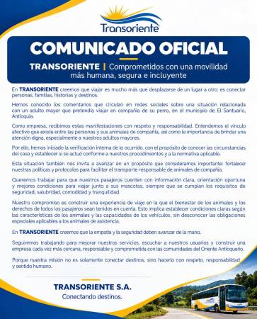 Comunicado oficial de la empresa Transoriente S.A. FOTO: X DE TRANSORIENTE S.A.