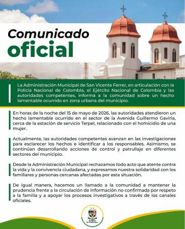Comunicado Alcaldía de San Vicente de Ferrer. CORTESÍA