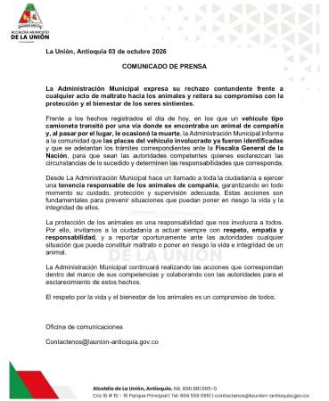 Pronunciamiento de la Alcaldía de La Unión con relación al caso. FOTO: ALCALDÍA DE LA UNIÓN