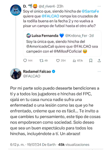Falcao le responde a hincha de Santa Fe que deseó que se lesionara