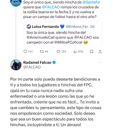 Falcao le responde a hincha de Santa Fe que deseó que se lesionara