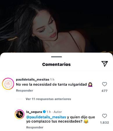 Este fue el comentario que La Segura contestó. /FOTO: CAPTURA DE PANTALLA