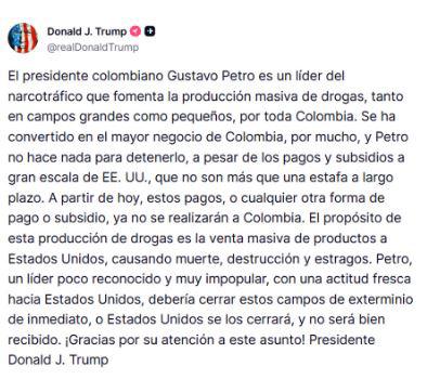 Mensaje del presidente Donald Trump refiriéndose a Gustavo Petro. /FOTO: REDES SOCIALES