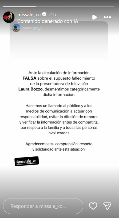 Historia de Instagram publicada por la hija de Laura Bozzo, Alejandra de la Fuente.