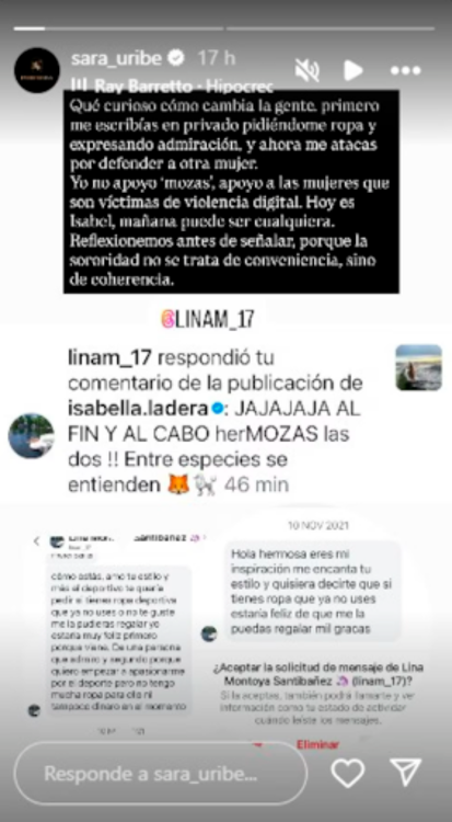 “No apoyo mozas”: Sara Uribe es atacada por defender a Isabella Ladera