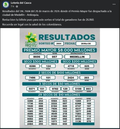 Sorteo del 28 de marzo de 2026 - Lotería del Cauca. FOTO: FACEBOOK LOTERÍA DEL CAUCA