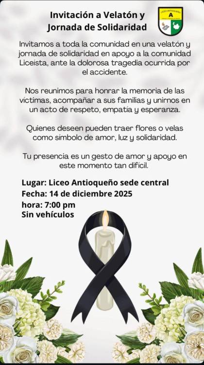 Invitación velatón en memoria de las víctimas. FOTO:@@SOMOSLICEOANTIOQUENO