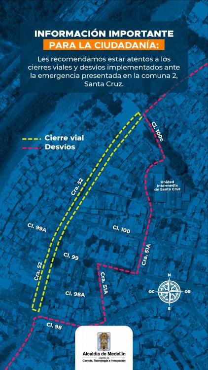 Mapa de cierres y desvíos en la comuna Santa Cruz. /FOTO: CORTESÍA ALCALDÍA DE MEDELLÍN
