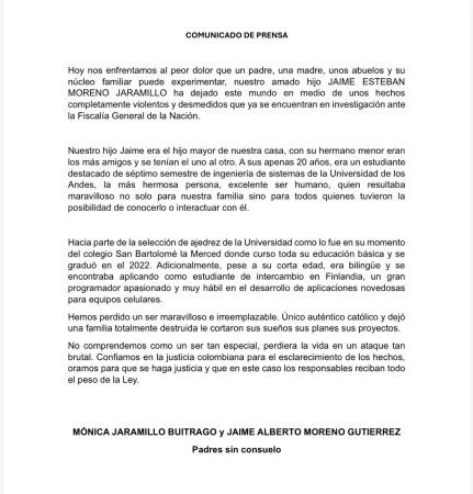 Comunicado de la familia de Jaime Andrés Moreno Jaramillo. /FOTO: REDES SOCIALES