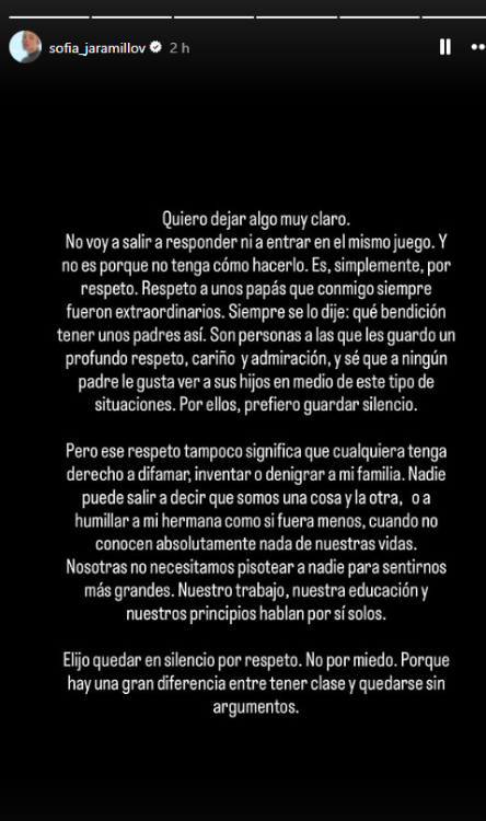 Mensaje que publicó Sofía Jaramillo. FOTO: INSTAGRAM