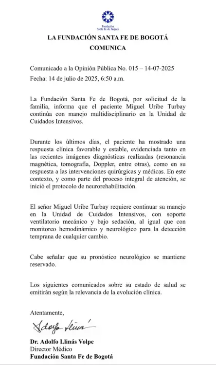 Nuevo parte médico de Miguel Uribe, 14 de julio. <b><span class=mln_small-caps_mln>/FOTO: CLÍNICA SANTA FE </span></b>