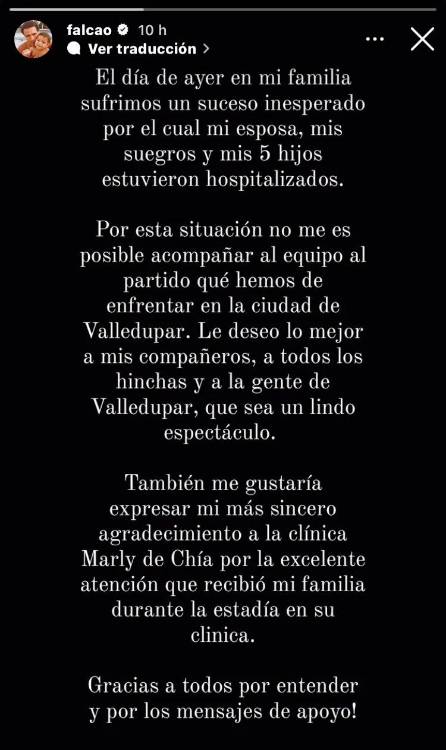 Con este mensaje publicado en Instagram, Falcao le explicó su ausencia a los hinchas de Millonarios. /FOTO: CAPTURA DE PANTALLA