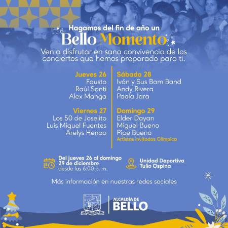 Programación de los conciertos gratis en Bello para cerrar el 2024. /FOTO: CORTESÍA ALCALDÍA DE BELLO 