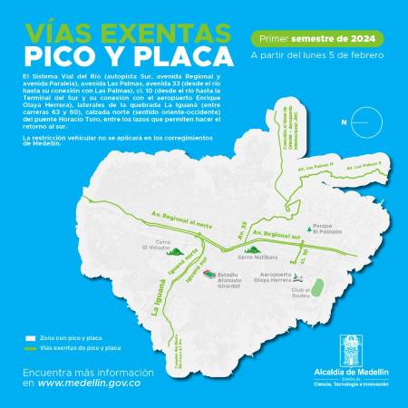 Mapa de vías que no tendrán pico y placa en Medellín. /FOTO: ALCALDÍA DE MEDELLÍN