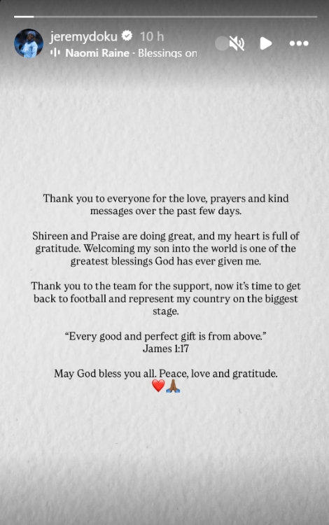 Mensaje de Jeremy Doku en su Instagram. FOTO: @JEREMYDOKU