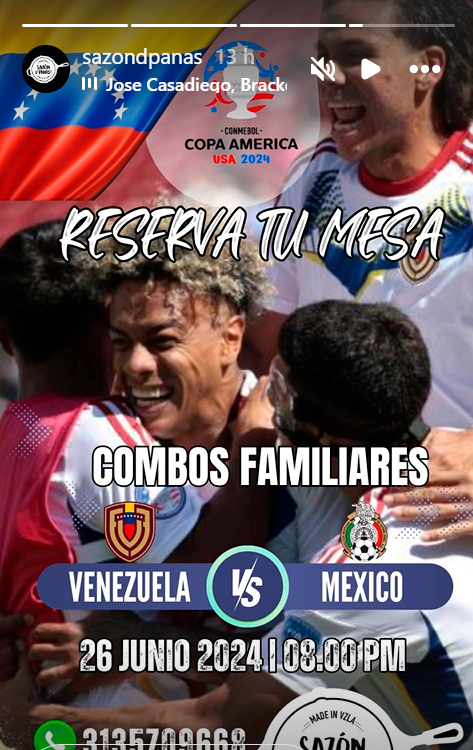 El restaurante publica en sus historias toda la información sobre los partidos y sus especiales. / FOTO: TOMADA DE REDES SOCIALES @SAZONDPANAS