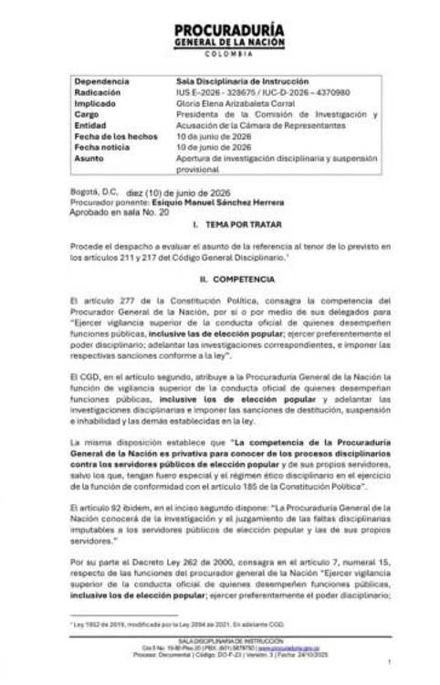 Comunicado de suspensión a Gloria Arizabaleta. FOTO: PROCURADURÍA