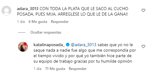 Este fue el comentario que respondió Katalina. /FOTO: CAPTURA DE PANTALLA