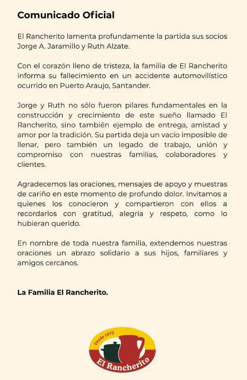 Comunicado oficial de El Rancherito sobre el fallecimiento de Jorge Jaramillo y Ruth Alzate. <b><span class=mln_small-caps_mln>/FOTO: INSTAGRAM @ELRANCHERITO_</span></b>